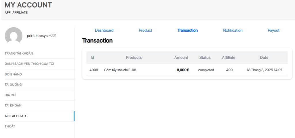 Trạng thái đơn hàng affiliate order