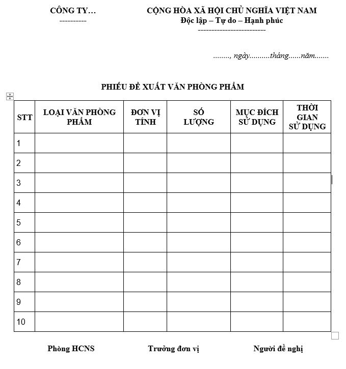 phiếu đề xuất mua hàng văn phòng phẩm 02