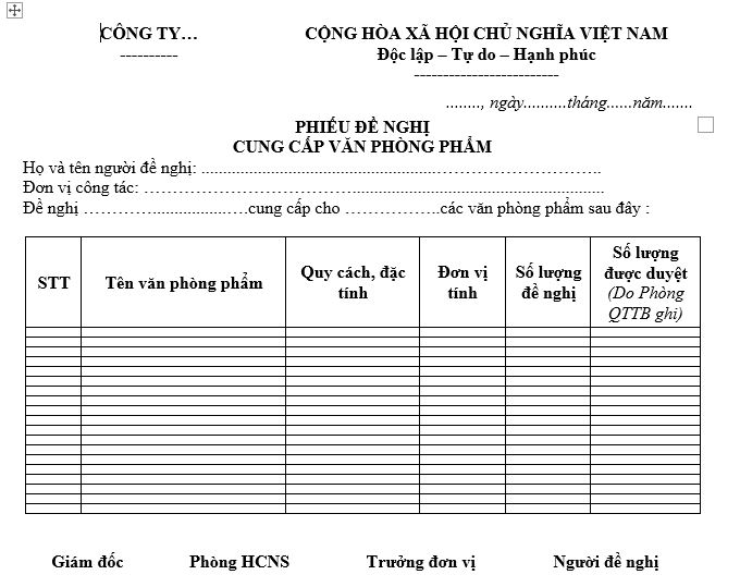 phiếu đề xuất mua hàng văn phòng phẩm 03